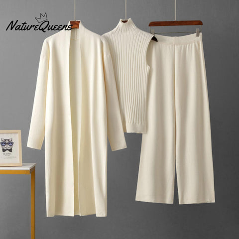 Women's Solid Color Casual Elegant Coat + Vest Sweater + Wide-leg Trouser Suit