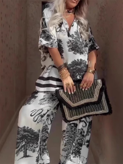 Fashionable Printed Shirt and Pants Two-piece Set