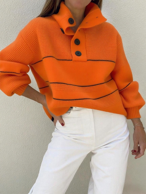 Contrast Color Loose Casual Polo Pullover Sweater