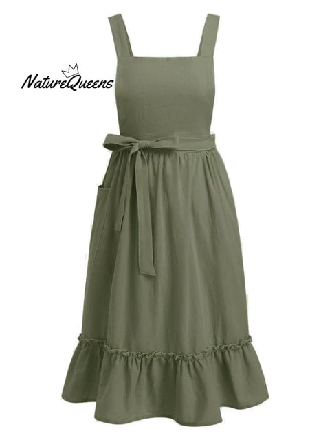 Women's Retro Solid Color Loose Stylish Casual Cotton And Linen Ruffled Apron Dress