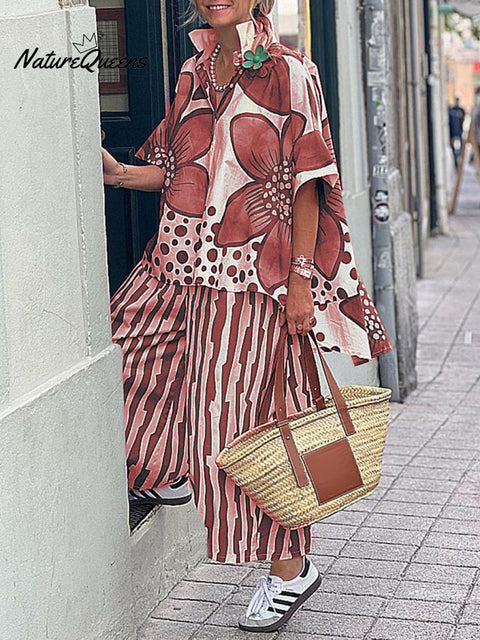 Women's Floral Geometric Pattern Art Print Casual Loose Stylish Shirt Pants Suit