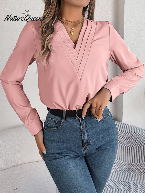 Women's Solid Color Casual Elegant Layered V-neck Long-sleeved Shirt