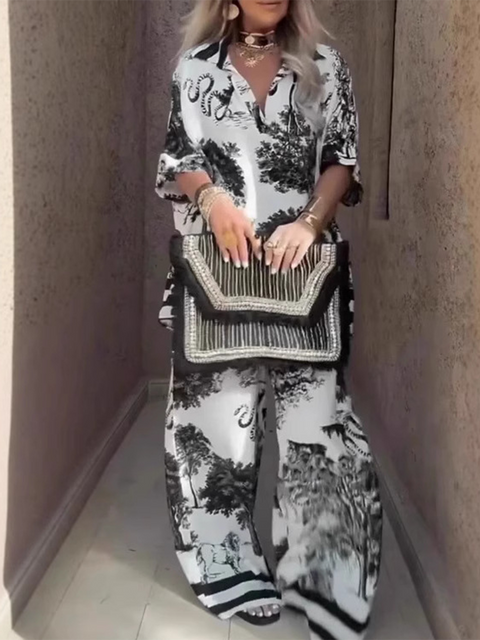 Fashionable Printed Shirt and Pants Two-piece Set