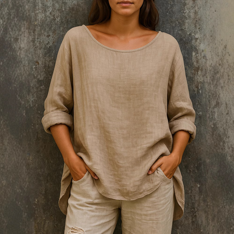 Women's Loose Cotton and Linen Round Neck Top
