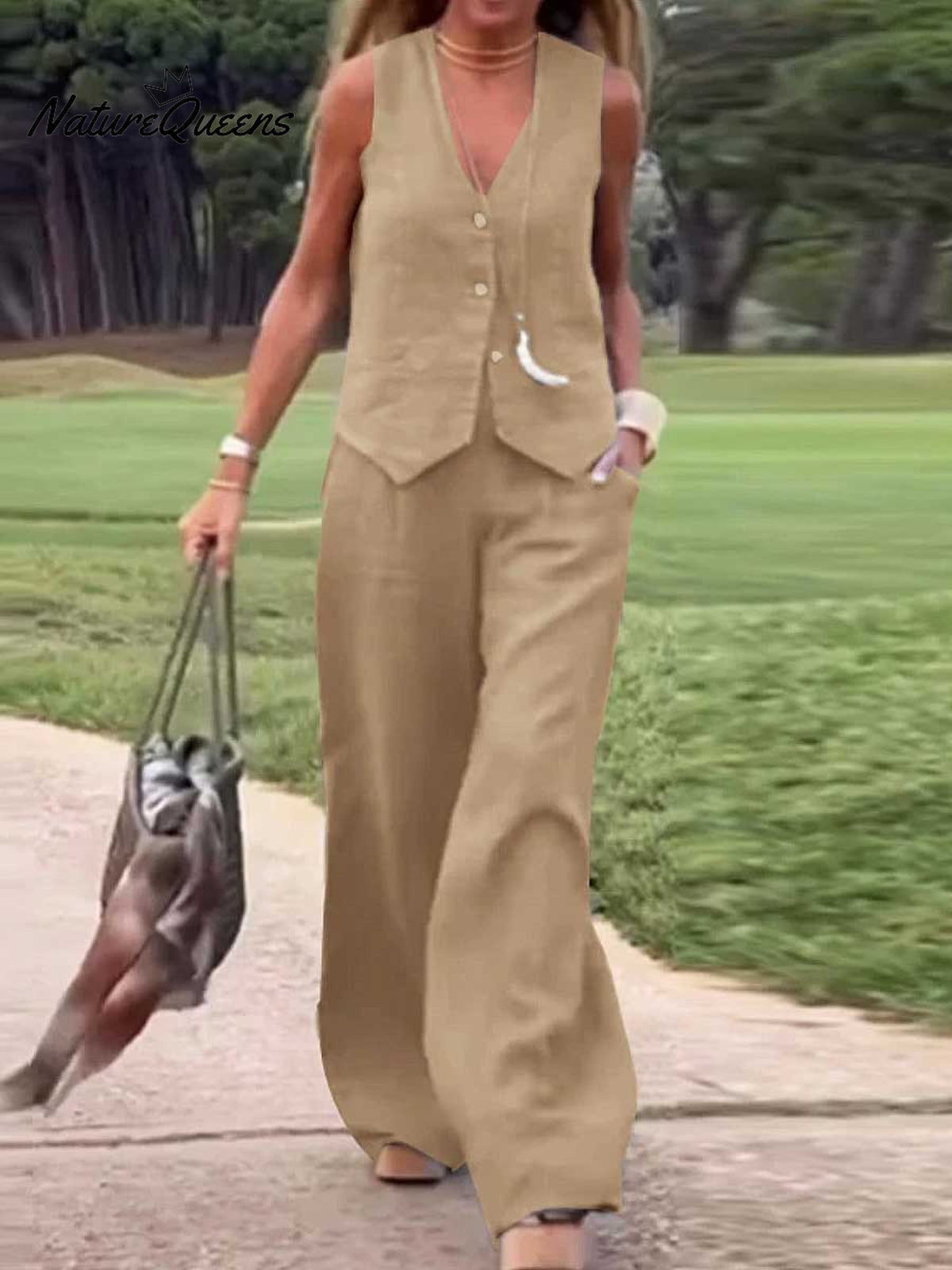 Women's Solid Color Casual Loose Stylish Vest Pants Suit