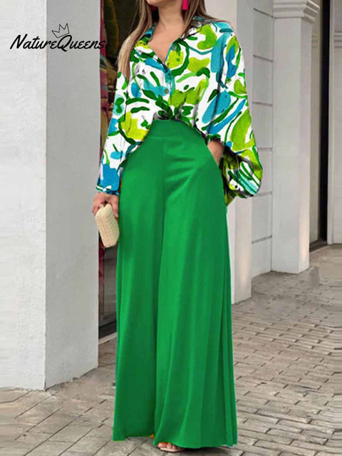 Women's Floral Art Print Loose Casual Shirt Wide-leg Pants Suit