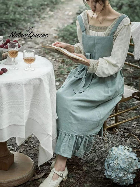 Women's Retro Solid Color Loose Stylish Casual Cotton And Linen Ruffled Apron Dress