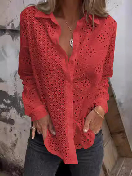 Women's Openwork Printed Loose Button Mesh Fashionable Top Shirt