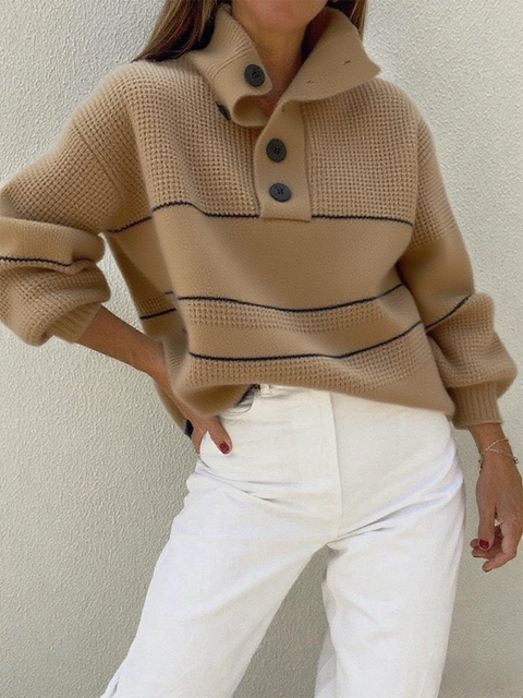 Contrast Color Loose Casual Polo Pullover Sweater