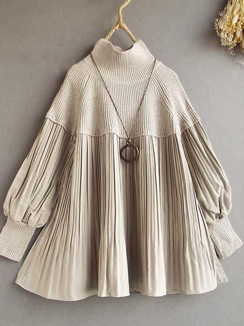Loose Knitted Patchwork Pleated Lantern Sleeve Top