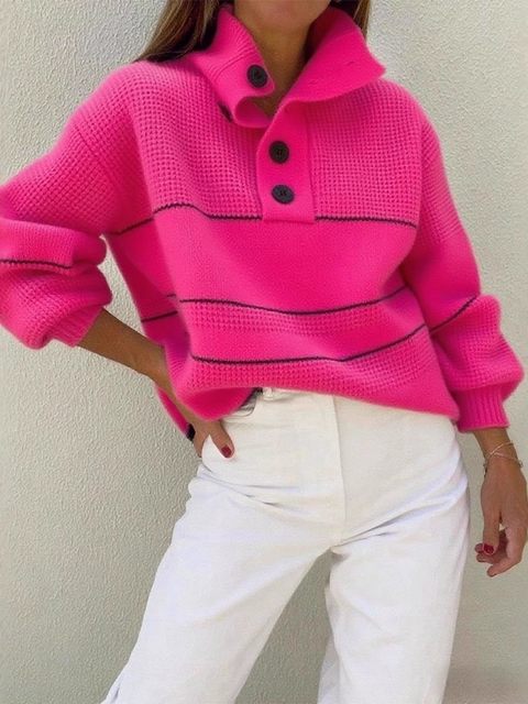 Contrast Color Loose Casual Polo Pullover Sweater