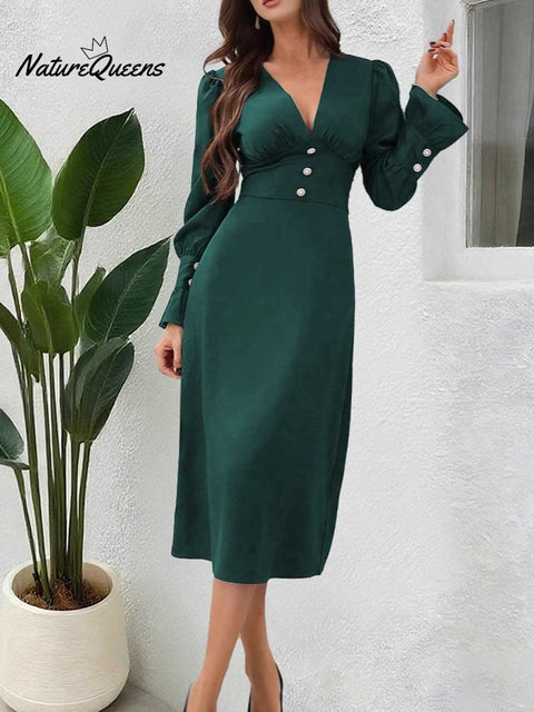 Women's Solid Color Elegant V-neck Shirt Dress