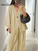 Women's Solid Color Casual Loose Stylish V-Neck Shirt Pants Suit