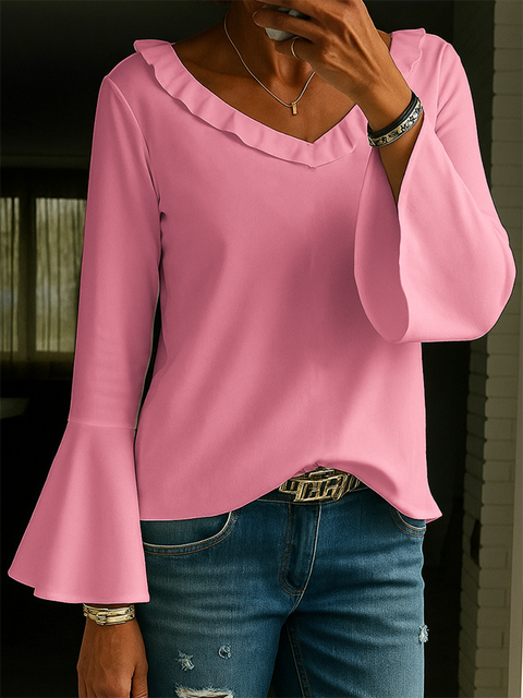 Women's Flared Sleeve Solid Color Top
