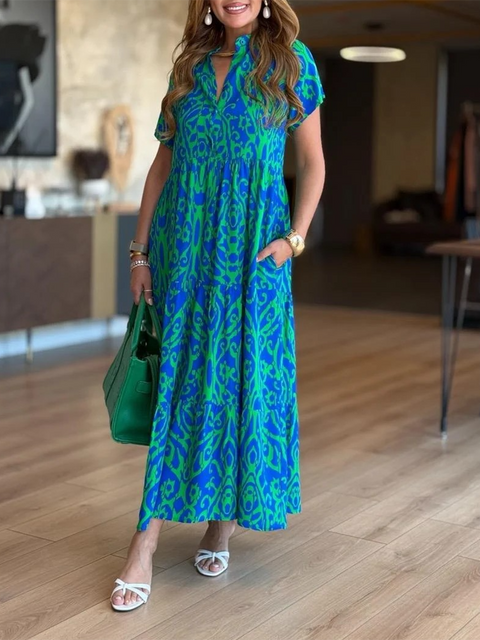 Women's V-neck Printed Loose Pocket Dress