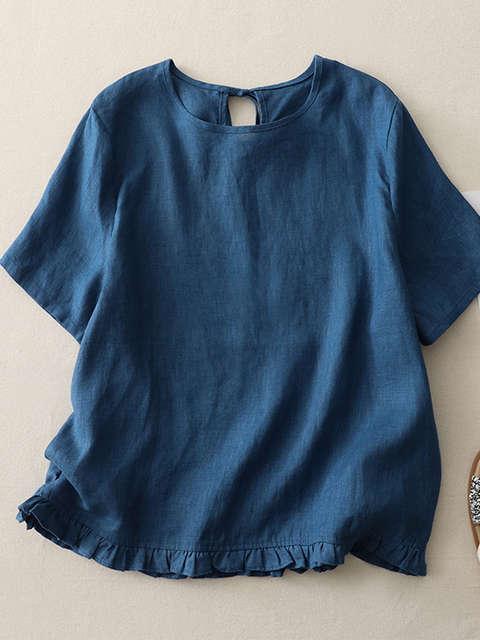Lace Round Neck Loose Linen Lace-up Top
