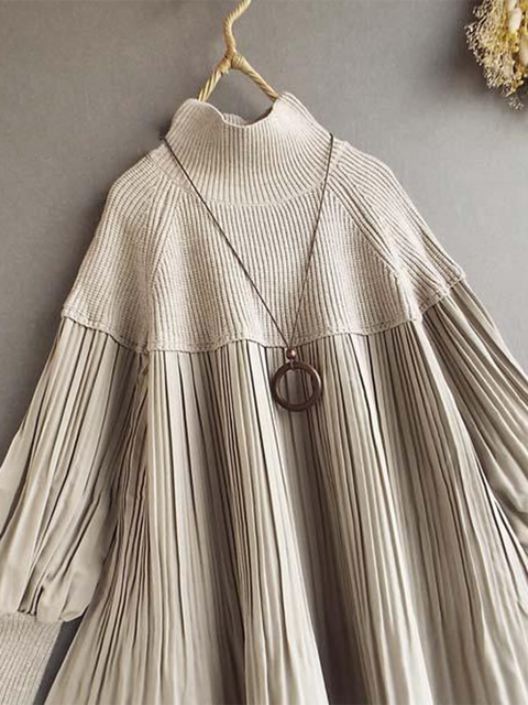 Loose Knitted Patchwork Pleated Lantern Sleeve Top