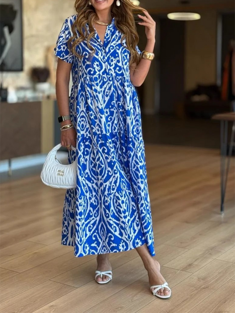 Women's V-neck Printed Loose Pocket Dress