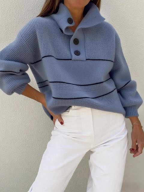 Contrast Color Loose Casual Polo Pullover Sweater