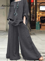 Women's Solid Color Casual Loose Stylish Cotton And Linen Shirt Pants Two Piece Suit