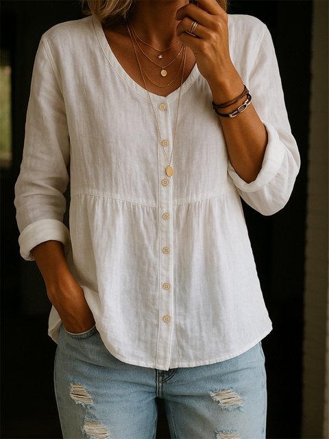 Loose V-neck Button-down Cotton and Linen Shirt