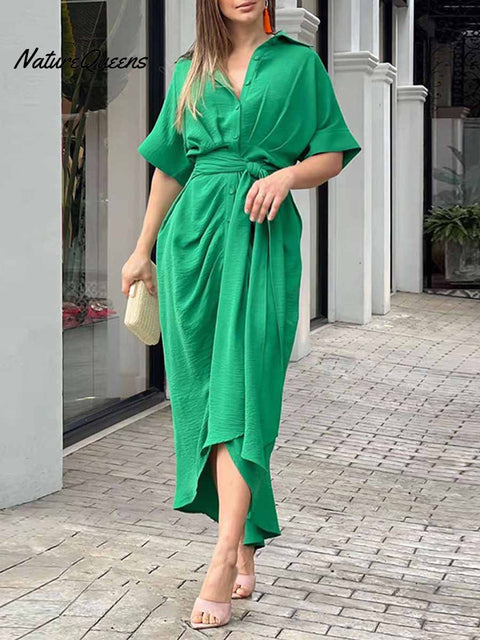 Women's Solid Color Loose Casual Lapel High-Waist Shirt Long Dress