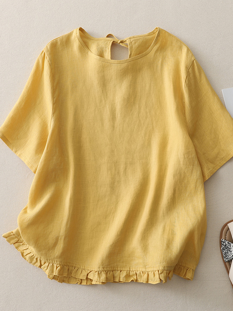Lace Round Neck Loose Linen Lace-up Top
