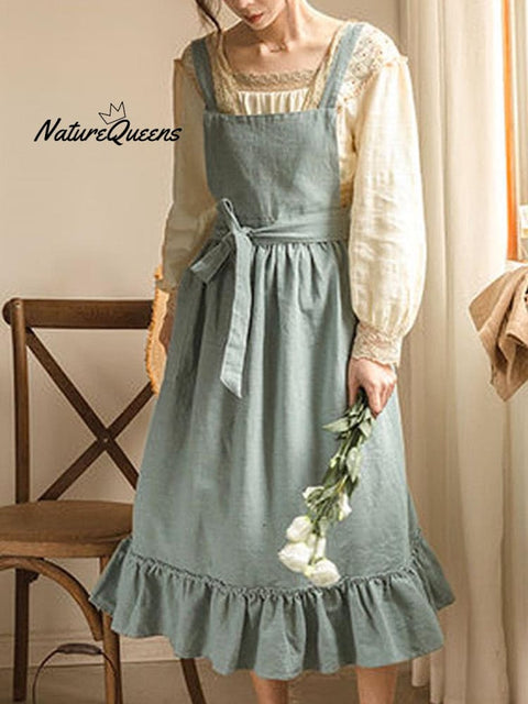 Women's Retro Solid Color Loose Stylish Casual Cotton And Linen Ruffled Apron Dress