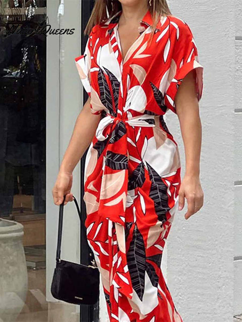 Women's Floral Art Print Loose Casual Lapel High-Waist Shirt Long Dress