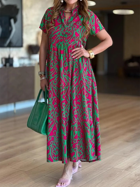 Women's V-neck Printed Loose Pocket Dress