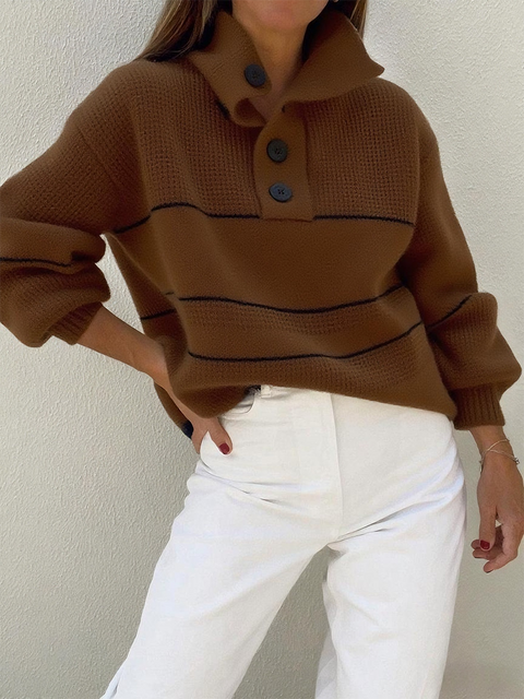 Contrast Color Loose Casual Polo Pullover Sweater