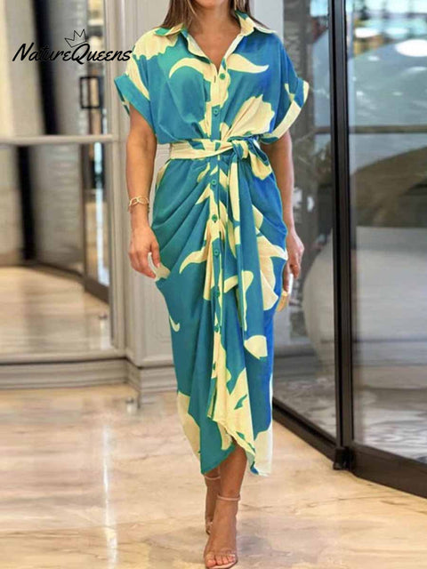 Women's Floral Art Print Loose Casual Lapel High-Waist Shirt Long Dress
