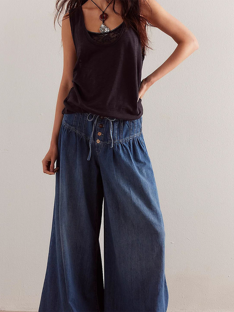 Pleated Lace-up Loose Wide-leg Jeans