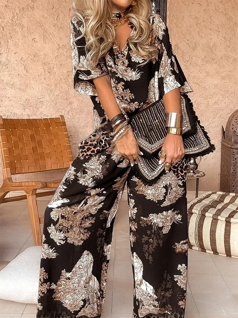 Fashionable Printed Shirt and Pants Two-piece Set