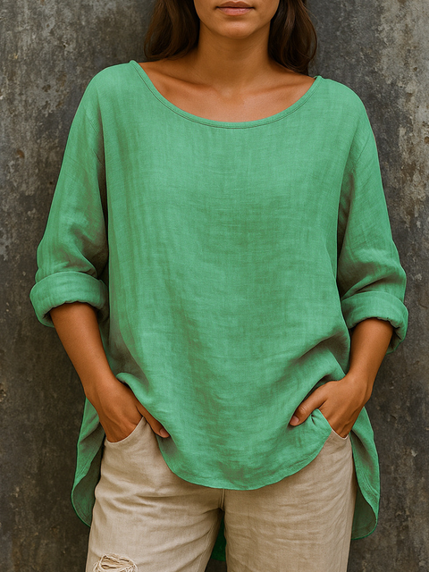 Women's Loose Cotton and Linen Round Neck Top