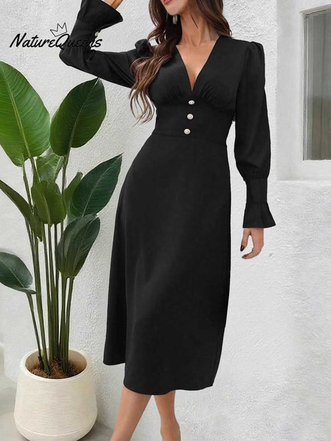 Women's Solid Color Elegant V-neck Shirt Dress