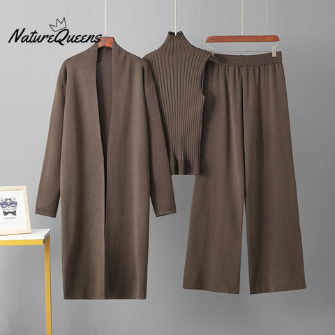 Women's Solid Color Casual Elegant Coat + Vest Sweater + Wide-leg Trouser Suit
