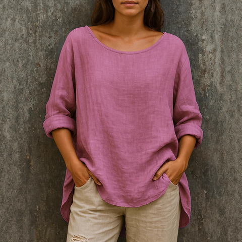 Women's Loose Cotton and Linen Round Neck Top