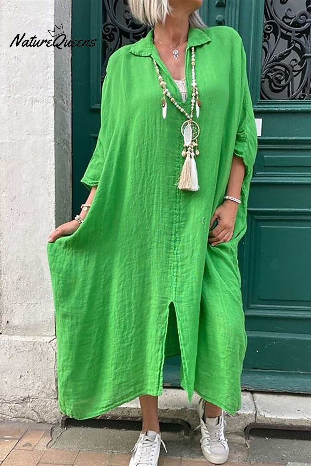 Casual Plus Size Shirt Collar Dress Green / S