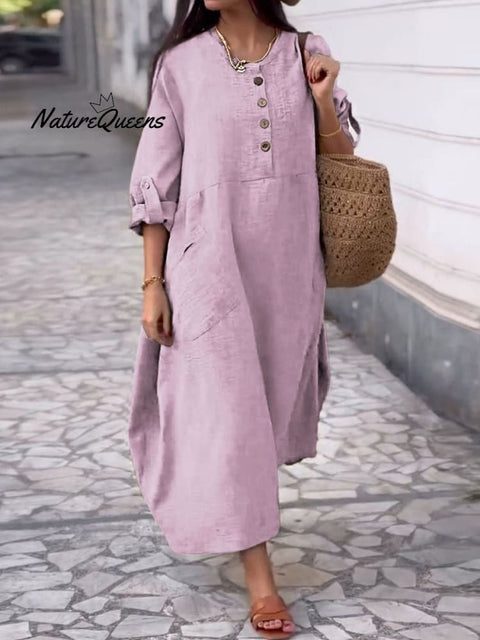 Women's Solid Color Round Neck Cotton Linen Pocket Button  Dress