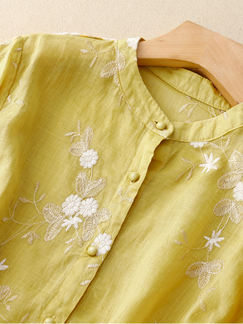 Women's Embroidered Fashion Round Neck Cotton Casual Shirt