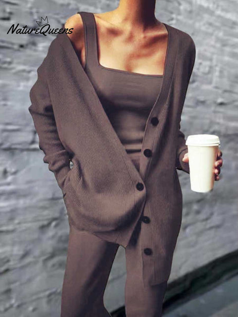 Women's Solid Color Casual Elegant Knitted Three-piece Jacket Vest Pants Set