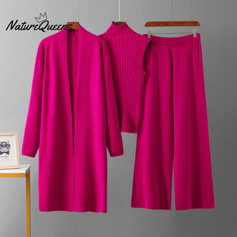 Women's Solid Color Casual Elegant Coat + Vest Sweater + Wide-leg Trouser Suit