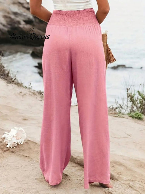 Women's Pink Pleated Cotton And Linen Casual Pants