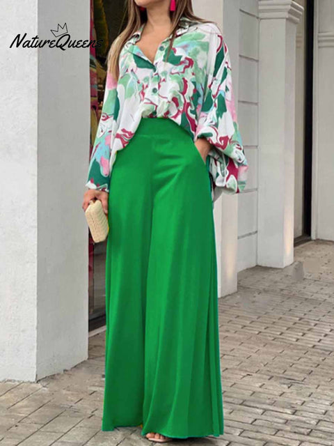 Women's Floral Art Print Loose Casual Shirt Wide-leg Pants Suit