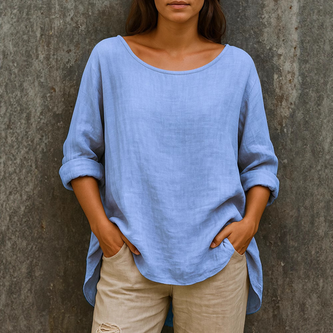 Women's Loose Cotton and Linen Round Neck Top