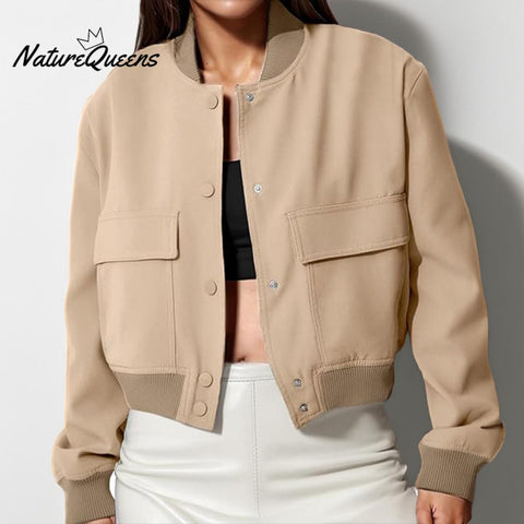 Women's Solid Color Casual Retro Loose Pocket Long Sleeve Suit Coat