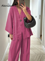 Women's Solid Color Casual Loose Stylish V-Neck Shirt Pants Suit