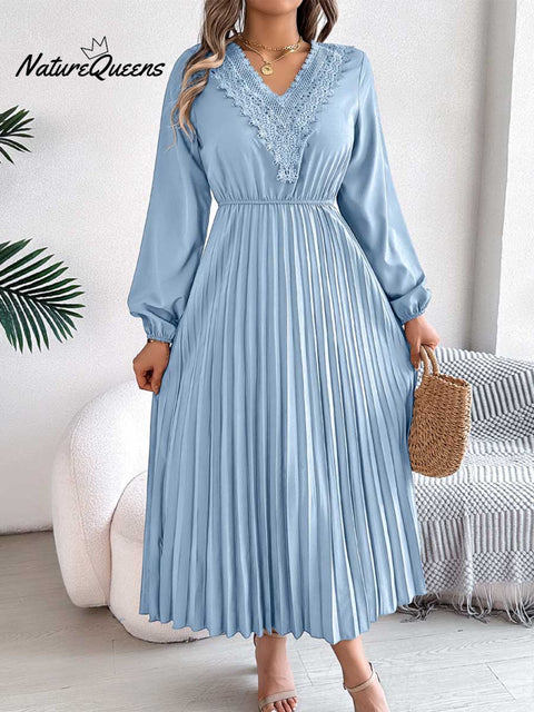Women's Solid Color Loose Casual V-neck Lace Long Dress