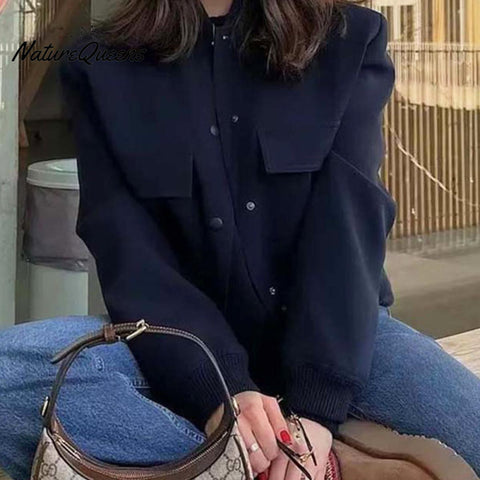 Women's Solid Color Casual Retro Loose Pocket Long Sleeve Suit Coat
